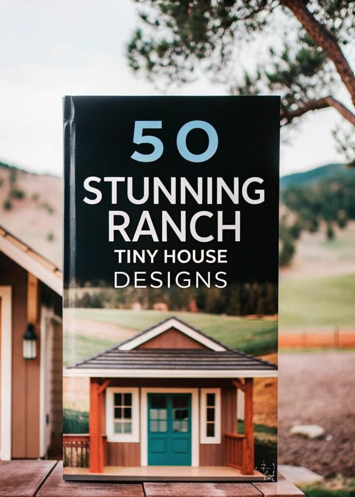 50 tiny ranch ebook cover Book cover titled 50 Stunning Ranch Tiny House Designs with a photo of a small ranch style house in the background