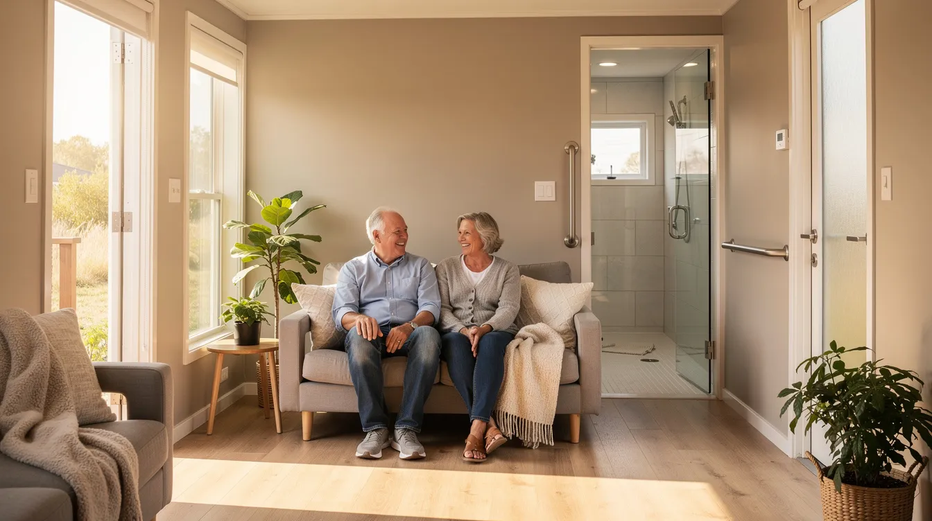 5086c7a301ee4667a9603840407b9a68 An older couple is relaxing inside a cozy single level tiny home featuring wide doorways and a curbless shower all bathed in warm natural light This inviting space exemplifies the tiny house movement showcasing sustainable living and the endless possibilities of tiny home living