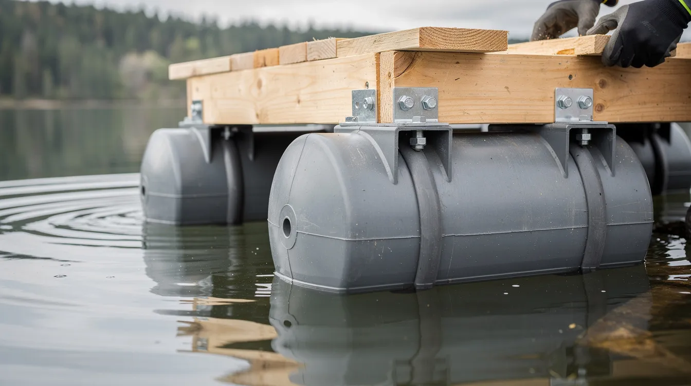 5178db6d0e0c46d8b5086b7ad9f50975 A close up view of HDPE pontoons supports a tiny wooden structure being assembled on calm lake water showcasing the construction of a floating tiny home The serene setting highlights the innovative design and enjoyment of life on water