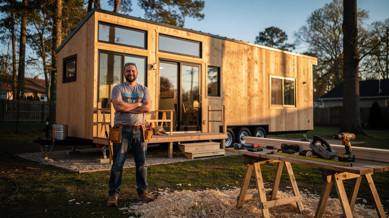 51f27157e4eb41d48252de98d1c56210 An image of a tiny home contractor showcasing a beautifully crafted tiny house highlighting its spacious interior with large windows and quality craftsmanship The contractor is discussing custom tiny home models with potential clients emphasizing the affordable and hassle free process of building tiny homes tailored to individual lifestyles