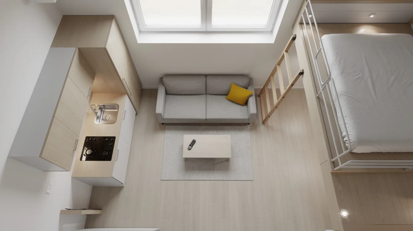 5207409393fc467c8f127c963aebc45f A top down view of a compact room interior showcases a small kitchen a cozy seating area and a ladder leading to a loft exemplifying innovative storage solutions and open floor plans in tiny home designs This layout emphasizes minimalist living and efficient use of square footage ideal for those exploring tiny house plans