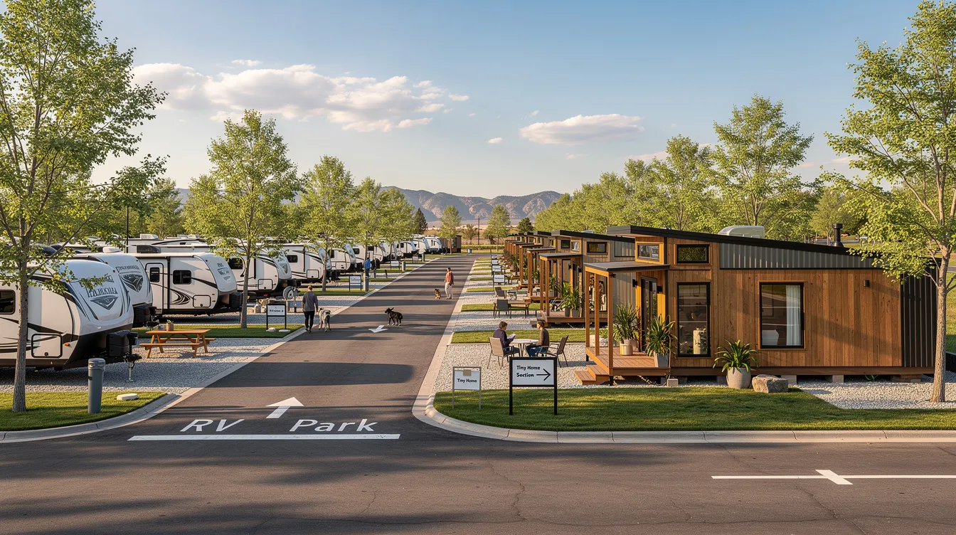 521e6ae8732944709ae78563308a86a3 The image depicts a vibrant section of the Shady Creek RV Park showcasing a variety of tiny homes nestled among green spaces and walking trails in North Texas Residents enjoy amenities such as a fitness center dog park and a pool making it a great place for tiny home living in Frisco TX