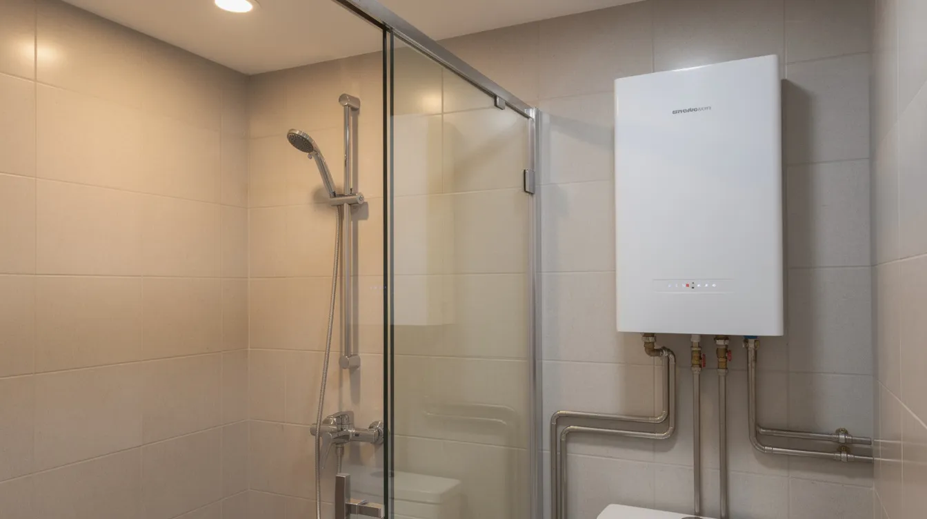 53202bfe255c4042b2d2139966fc197e The image shows a compact wall mounted tankless water heater installed in a small bathroom next to a shower designed for energy efficiency and instant hot water delivery Its sleek design makes it ideal for small spaces such as tiny homes and apartments ensuring precise temperature control for all hot water needs