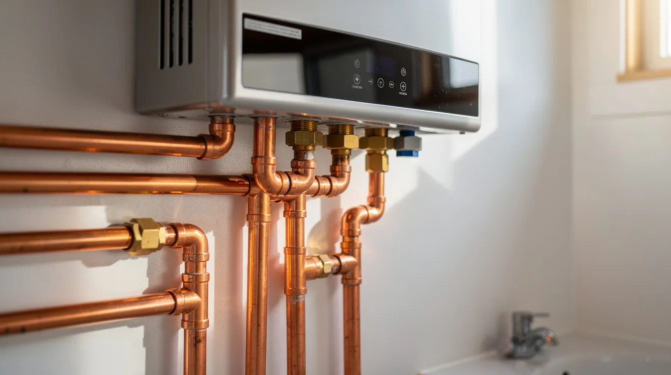 536a7919fc884c9b862cc6d42e220199 A close up view of copper plumbing pipes and a sleek tankless water heater mounted on the wall of a tiny house bathroom showcasing the efficient use of space in this compact bathroom design The arrangement reflects thoughtful planning for tiny house plumbing ideal for maximizing functionality in small spaces