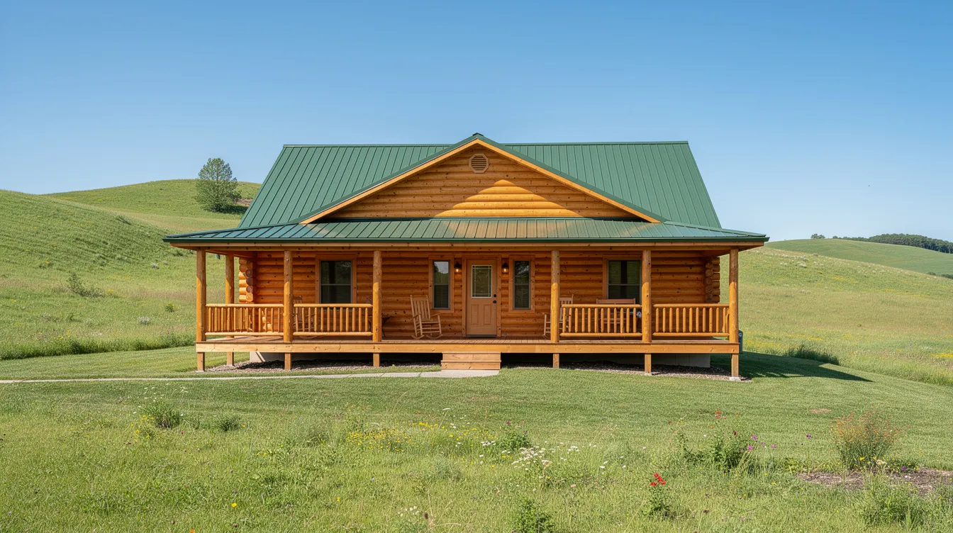 53f23b5735b24a2897142d5224d6af28 A double wide log cabin featuring a spacious covered front porch is nestled among rolling green hills under a clear blue sky representing the perfect solution for those seeking cozy cabin ownership This dream log home offers enough space for relaxation and enjoyment making it an ideal getaway cabin for families