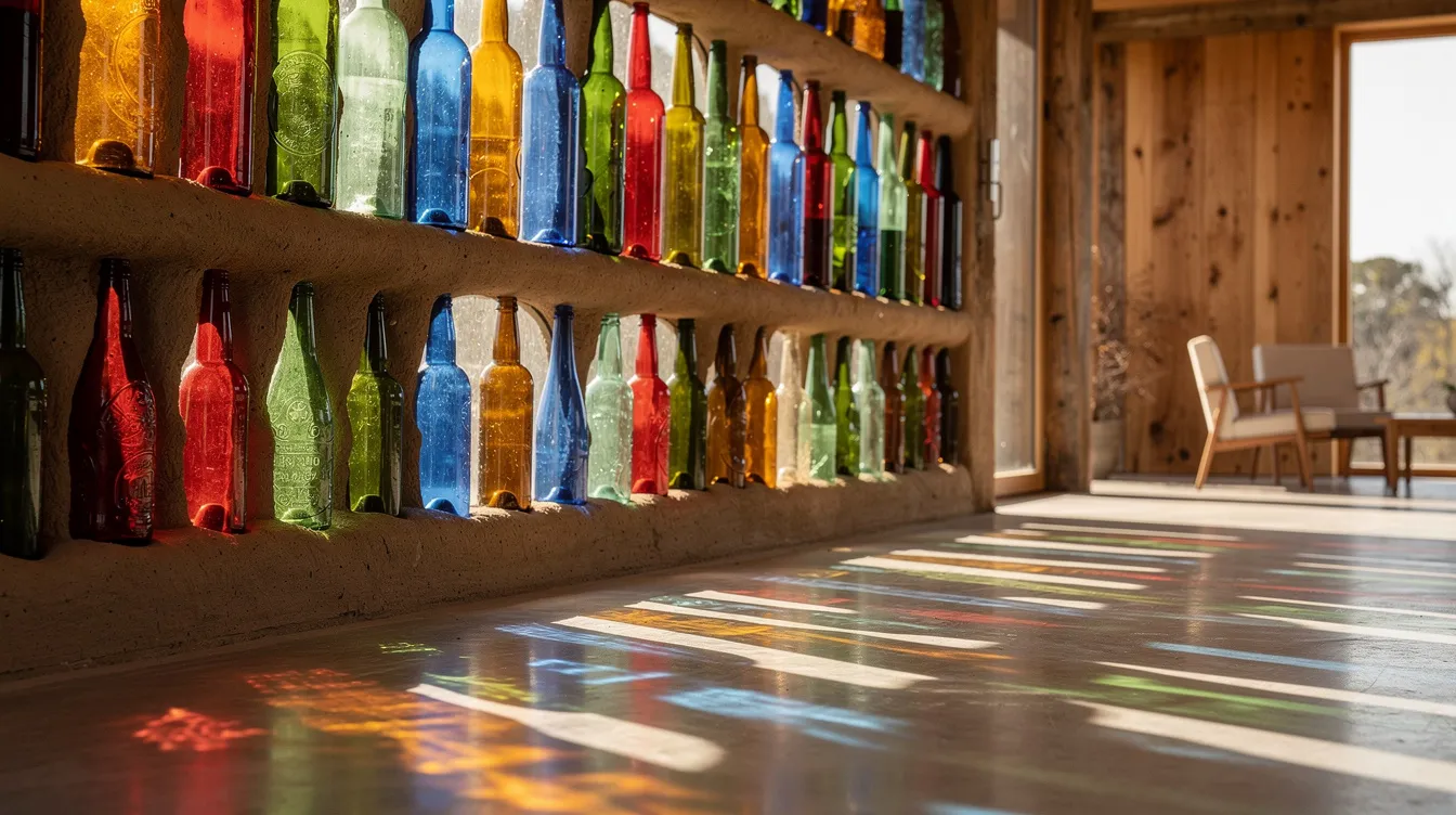 53fea1044bf04198bc43929452e37f99 The image depicts colorful glass bottles embedded in a sunlit interior wall of a sustainable home likely an Earthship casting vibrant light patterns on the floor This innovative design using recycled materials showcases the creativity of homeowners in upstate New York