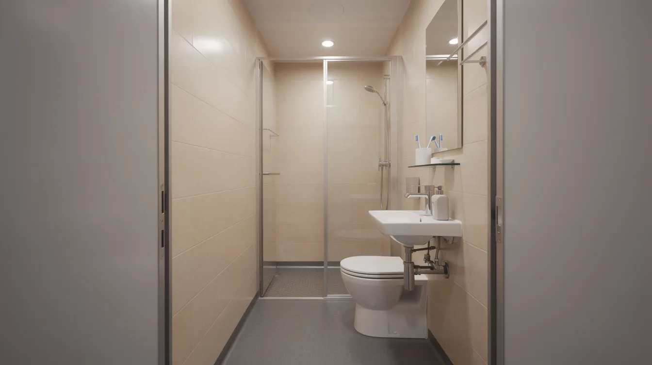 55086fcb3239421d82837e81820a0143 The image depicts a narrow railcar style tiny house bathroom viewed from the doorway showcasing a compact layout with a walk in shower at the far end a small toilet and a bathroom sink along the wall This tiny bathroom design emphasizes efficient use of space featuring ample storage solutions and natural light filtering in making it a functional yet stylish area within the tiny home
