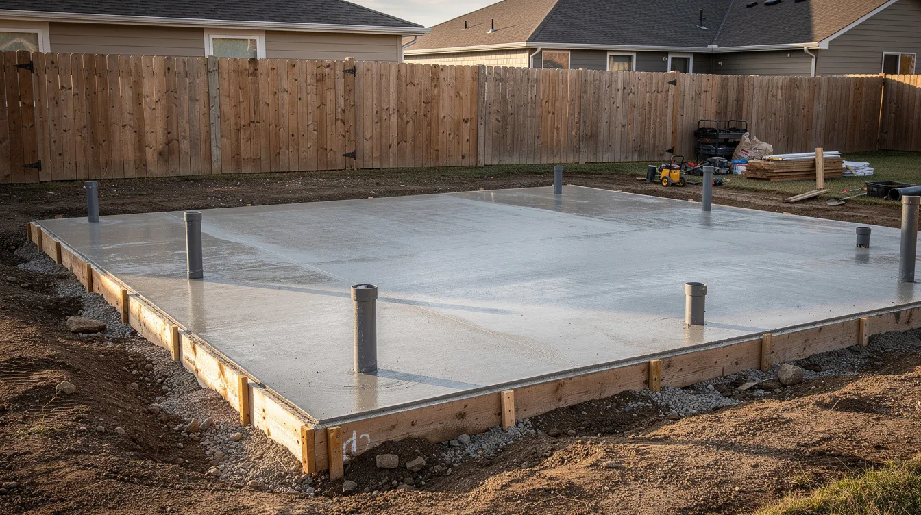 56ad767bf94a4008a22b3491ad587fe3 The image shows a freshly poured concrete foundation pad in a residential backyard with visible utility stub outs indicating preparations for a tiny home accessory dwelling unit ADU in California This solid concrete pad serves as a permanent foundation for future tiny home living ensuring proper utility connections for the dwelling unit