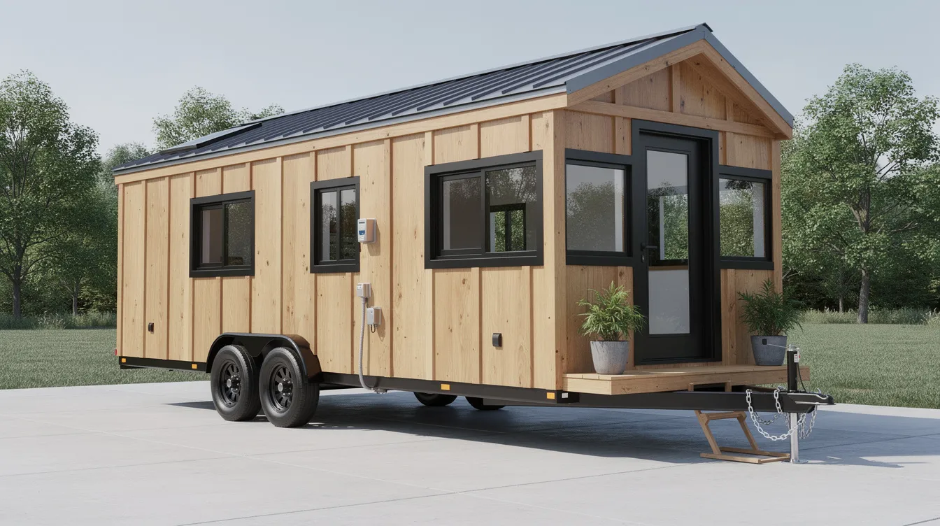 5701dc41db67460bad7acbe768ed04d8 The image depicts a 26 ft tiny house trailer featuring a sturdy trailer frame designed for a tiny house project It showcases the main frame with wheel wells and a custom build emphasizing the high quality materials used for durability and functionality