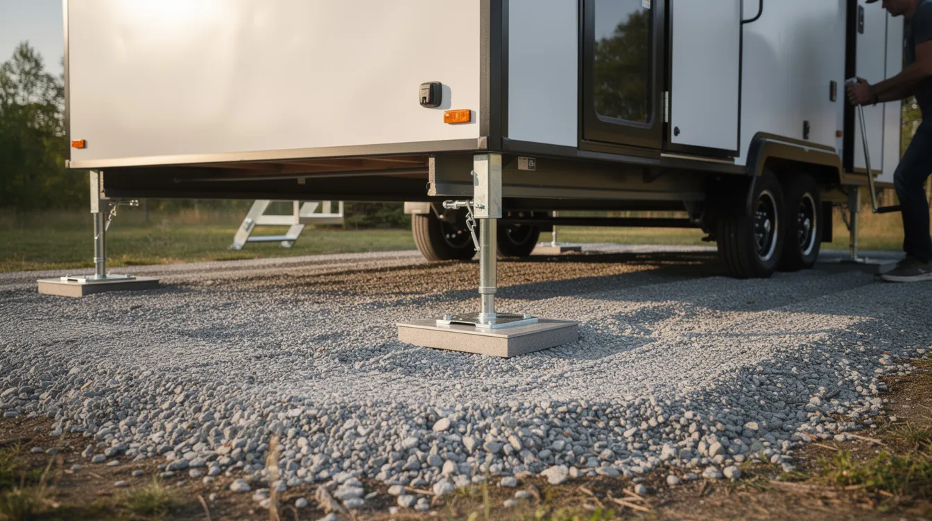 58e7a8722d9f4cf4a5f2990097c3ed89 A tiny home on wheels is being leveled with stabilizer jacks on a gravel pad showcasing its sturdy construction and cozy design This compact house is equipped with essential plumbing and electric features making it an ideal choice for a minimalist lifestyle
