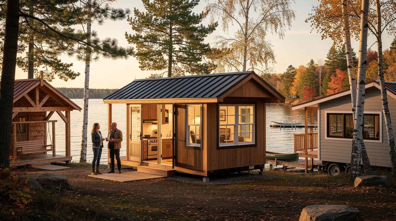 5951533476844f0a9862d0bd06356639 The image showcases a variety of guest and seasonal cabins designed for lake property owners in Wisconsin emphasizing their flexibility and comfort These portable buildings feature customizable options and high quality materials making them ideal for year round use complete with kitchen and bathroom configurations suited to individual style preferences