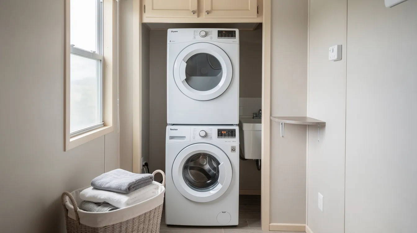 59c059660b1d4cc69e27cef56d96d076 The image features a compact mobile home stackable washer and dryer unit designed for small spaces ideal for apartments and RVs This space saving machine combines the functionality of a washer and dryer ensuring efficient performance for washing clothes while maximizing accessibility in limited areas