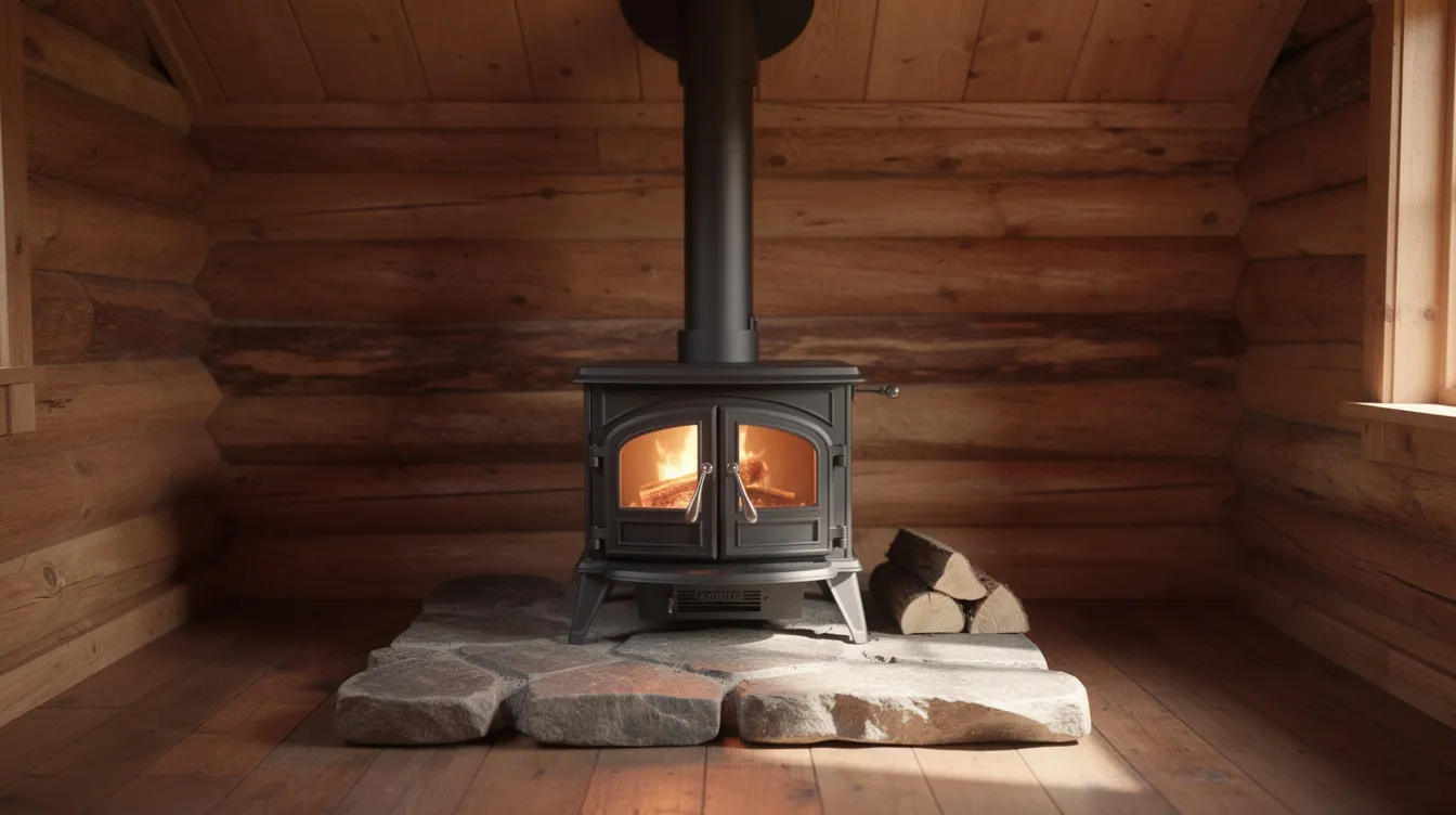 5ad922e908a64e8cbd0dcd3d36a79d23 A compact black cast iron wood burning stove sits on a stone hearth pad inside a cozy tiny home cabin with a visible stovepipe extending through the ceiling providing warmth and a charming focal point for the small space The rustic setting emphasizes the unique features of this efficient heating option for tiny houses