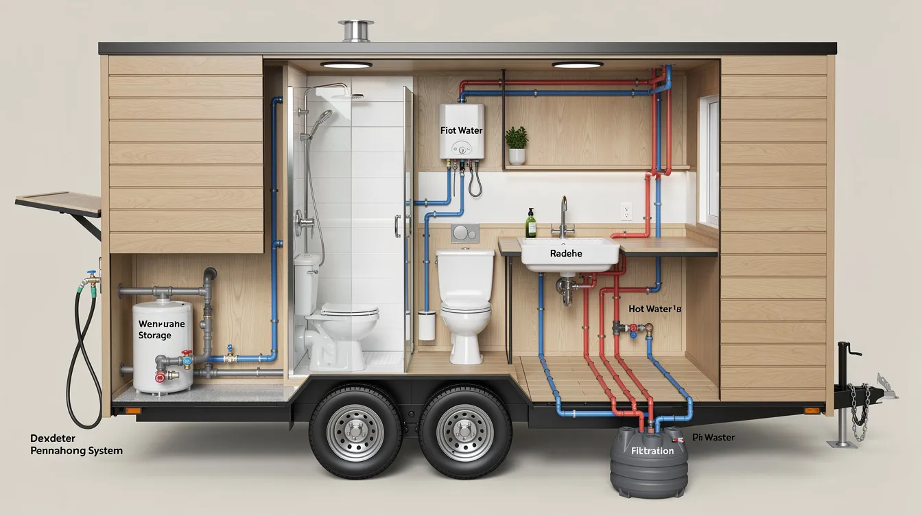 5b0572b30d764262b3b02fe70b05b412 The image illustrates the plumbing system of a tiny house showcasing various components such as pipes a water heater and a composting toilet It highlights the unique challenges of tiny house living including efficient water usage and the costs associated with installing plumbing systems in compact spaces