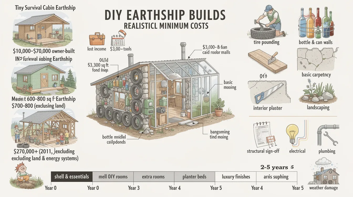 5c252a4b19244441a5a2f8f0009ee1fb The image depicts a small DIY Earthship project made from natural and recycled materials showcasing a simple cabin design with tire pounding walls and solar panels This sustainable living structure emphasizes the use of reclaimed wood and integrates water catchment systems reflecting the essence of earthship construction and the potential for significant savings in building costs