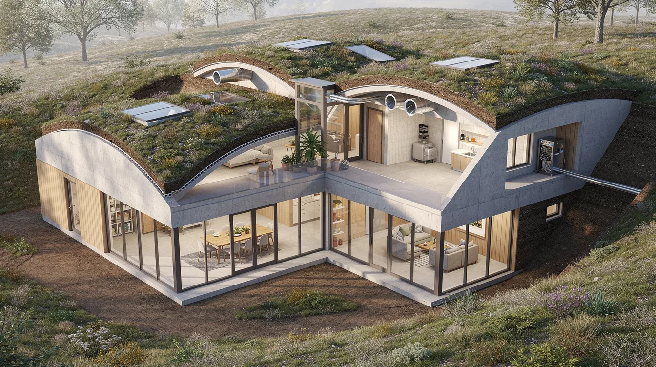 5c8d813a810341dcaf0735e72bcb4845 The image depicts a modern prefab earth sheltered home designed for energy efficiency and optimal solar gain featuring large windows on the south facade and a green roof covered in soil This underground house showcases a flexible layout with reinforced concrete walls and an atrium that invites natural light into the living space while maintaining a connection to the surrounding natural environment