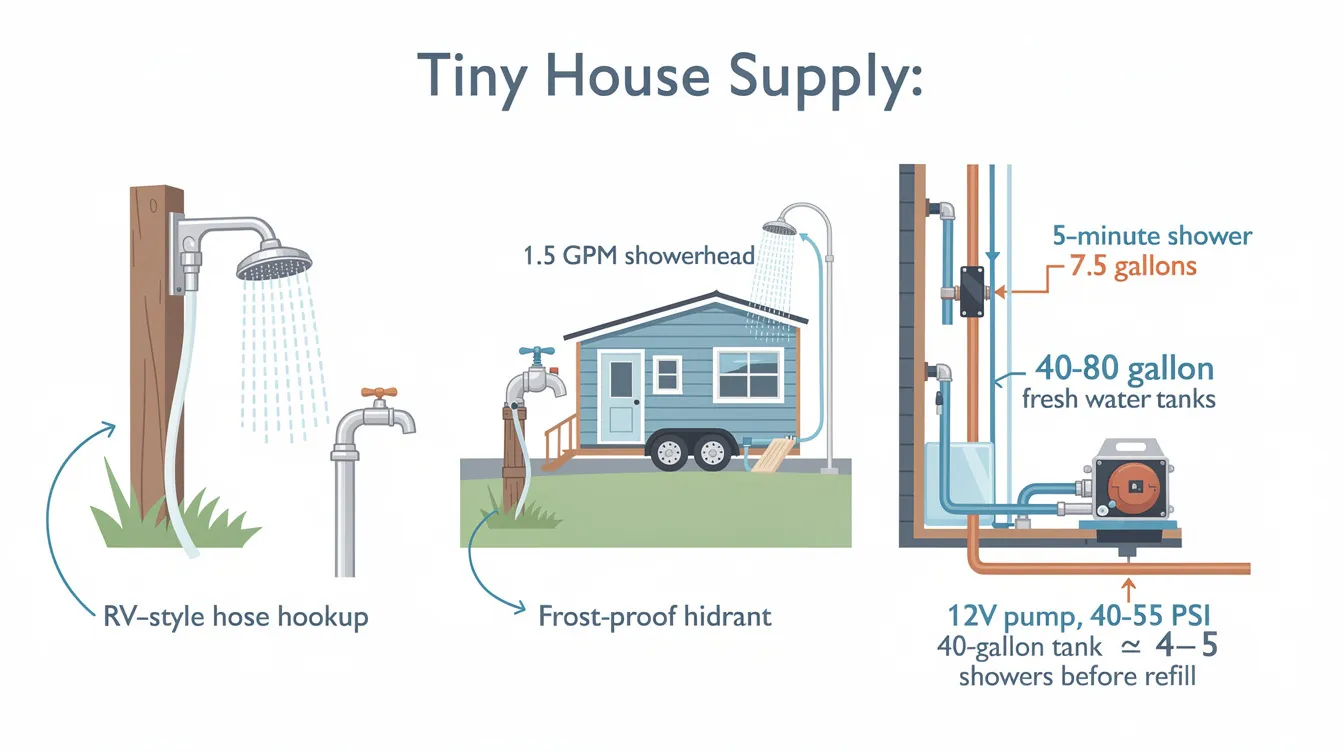5d79cff232fb40a781524fea0f71e601 The image depicts a well designed tiny house bathroom featuring a functional shower area with a 15 GPM showerhead a composting toilet and a bathroom sink The space is optimized for tiny house living showcasing clever storage solutions like wall mounted shelves and a frameless glass door that enhances the natural light in the wet bath