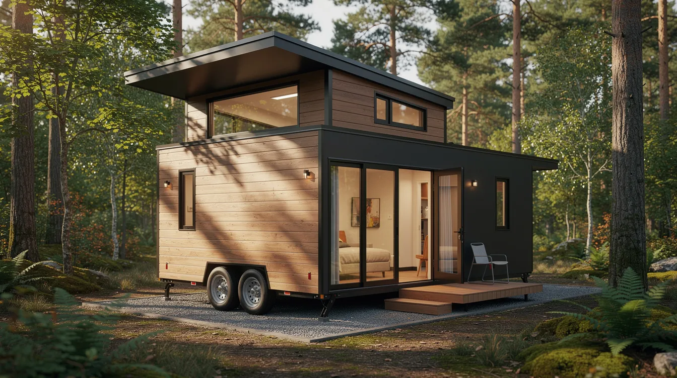 5d90efbf730149e0b785699fe08234fc The image features a modern gooseneck tiny house with large glass doors and a combination of wood and metal siding set against a serene wooded backdrop This stylish living space boasts ample natural light and a unique design element showcasing the appeal of tiny living in a tranquil environment