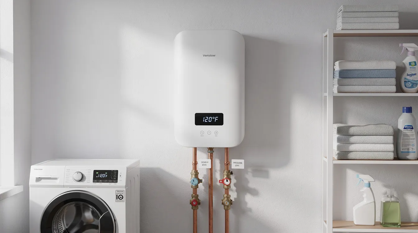 5d95b9c9ad904bb295e9047af33bc0b3 The image features a compact electric water heater designed for small homes ideal for one bathroom setups or tiny apartments Its tankless design ensures instant hot water with precise temperature control making it an energy efficient choice for homeowners looking to meet their hot water needs in limited spaces
