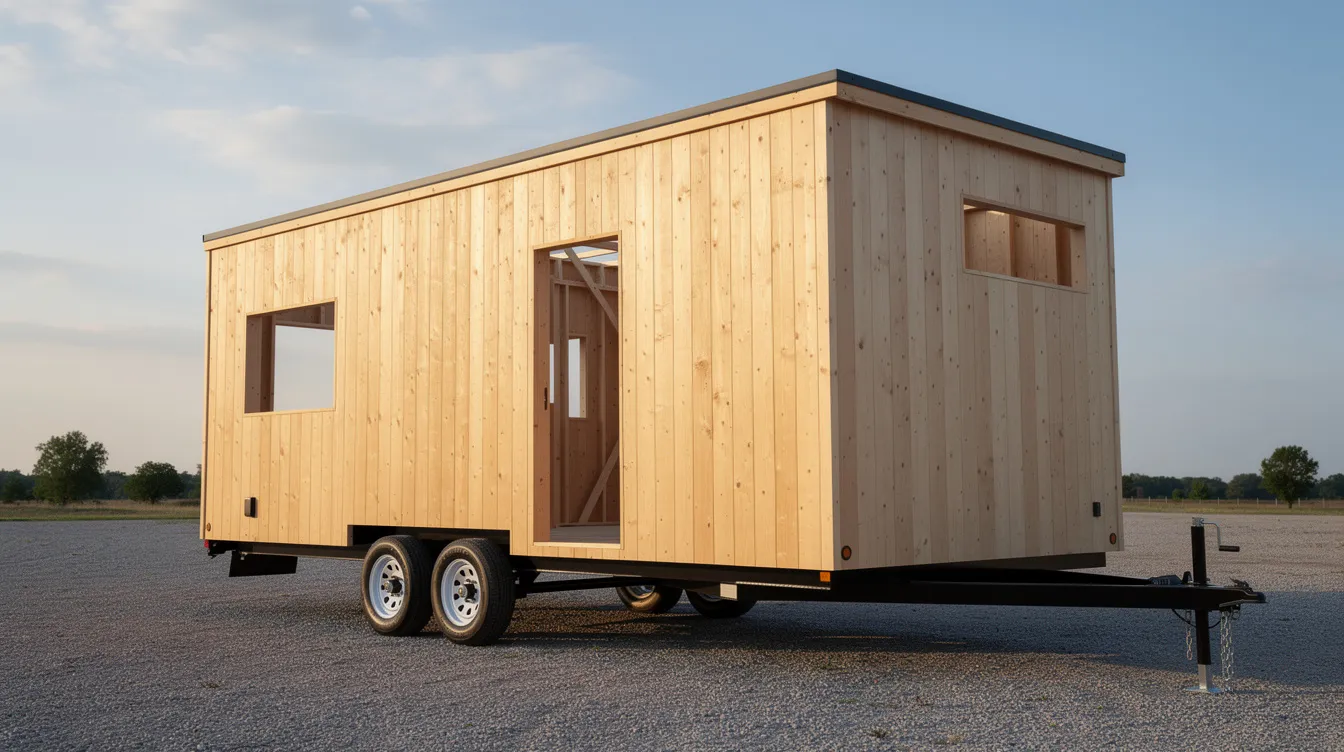5e3e812891c841c29e549fe093ccab42 The image shows a tiny house shell on a trailer featuring a basic frame and exterior siding ready for customization This tiny home is designed for easy transport highlighting the fun part of planning and building your own unique living space