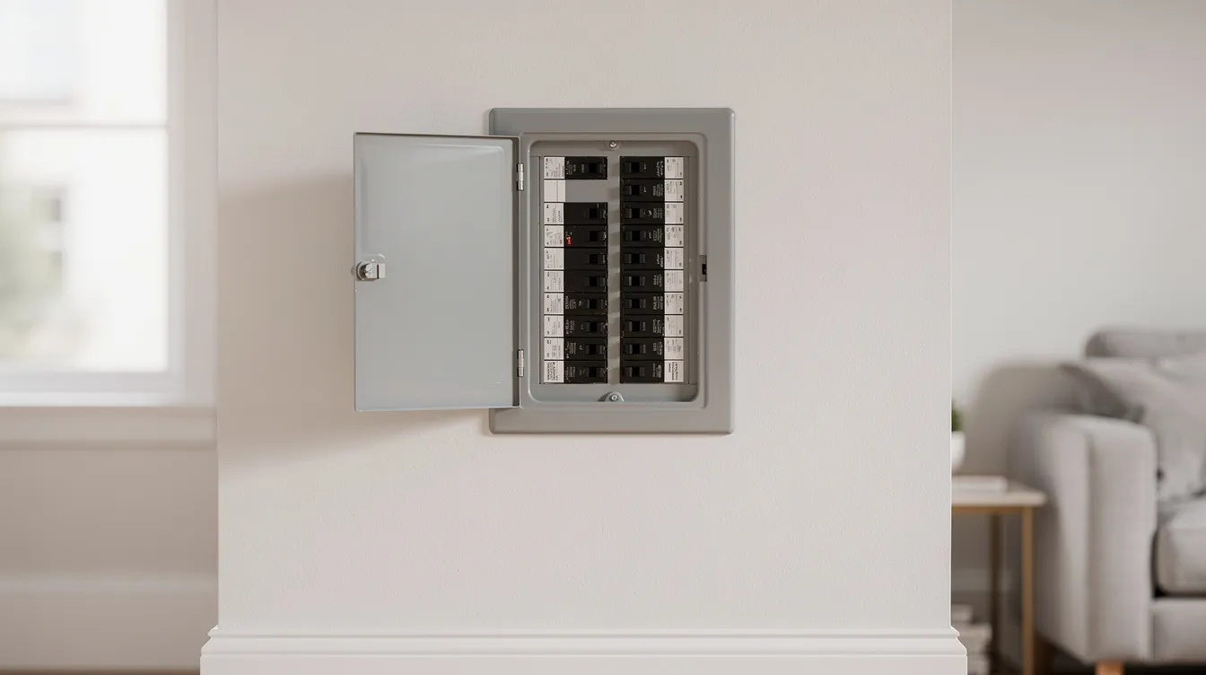 5e74f66a6cf740d8afccbffa83651996 The image shows a compact electrical breaker panel mounted on the wall inside a tiny home showcasing a well organized layout that provides essential electricity for the cozy living space This sturdy construction is designed to efficiently manage power distribution in a small environment
