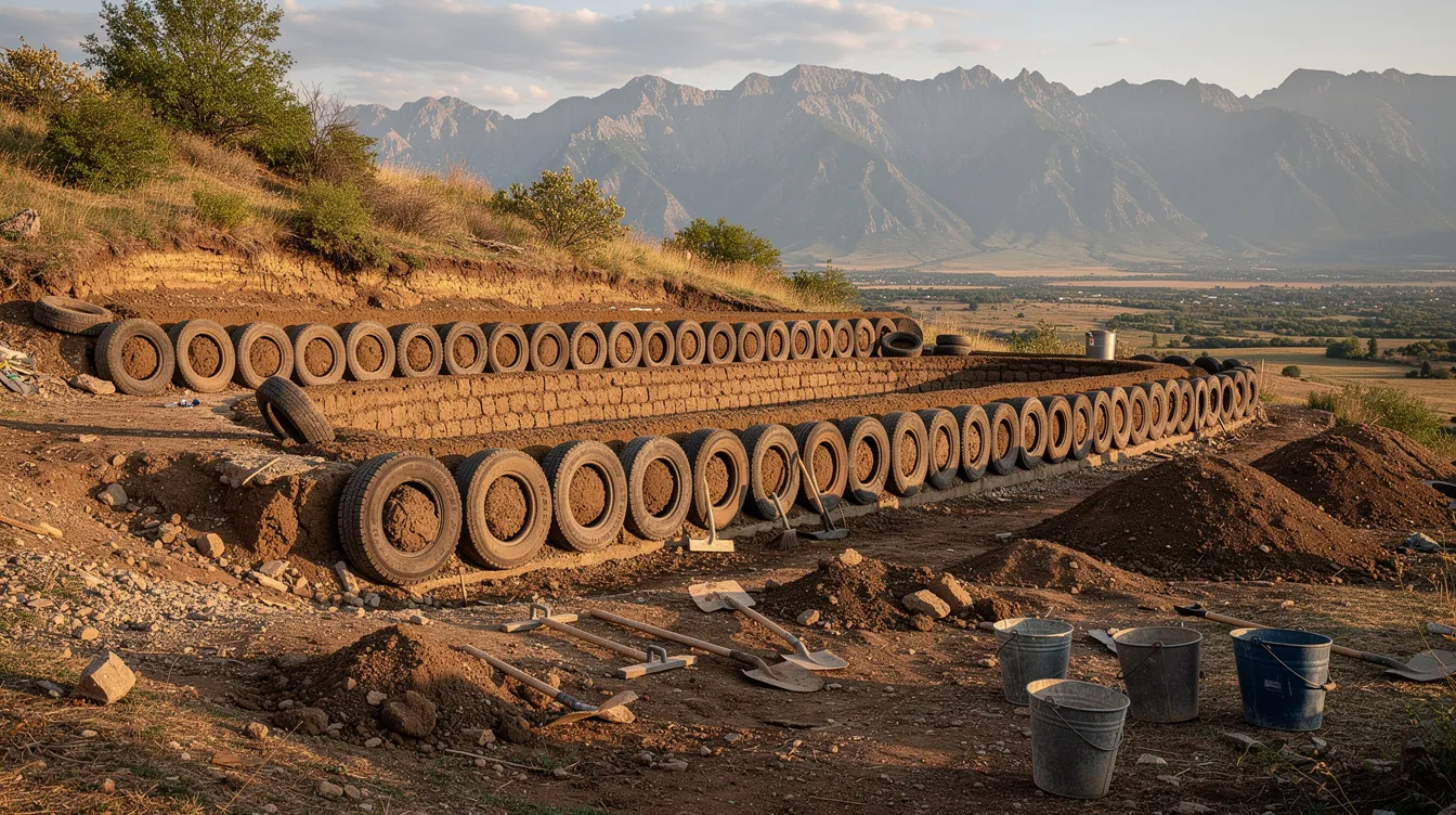 5eacd9e0631142639d19c175895d332d A rammed earth tire wall is being constructed on a rural hillside in Washington State with majestic mountains in the background showcasing sustainable building practices This project reflects the vision of creating a sustainable home using recycled materials contributing to the greater world community in the Pacific Northwest