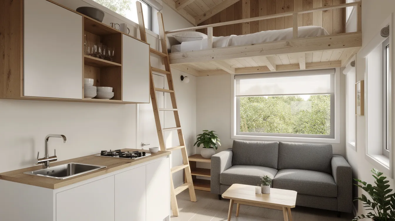5f6521947d7b4d13942acd49fb0fe8da The image depicts the interior of a modern tiny home featuring a compact kitchen and a cozy living area that leads to a loft sleeping space all adorned with natural wood finishes This design exemplifies the tiny home movement showcasing efficient use of space and sustainable living