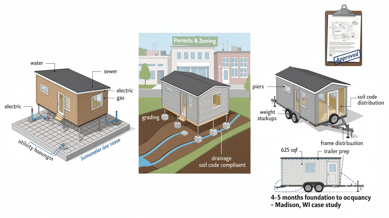5fd0288e91374bf1bd711c55043d9cfb The image depicts a construction site prepared for a tiny home showcasing a sturdy foundation made of concrete slabs and piers with utility connections for water sewer electric and gas clearly marked This site preparation is essential for tiny home builders to ensure compliance with local codes and facilitate a smooth construction process for high quality tiny homes