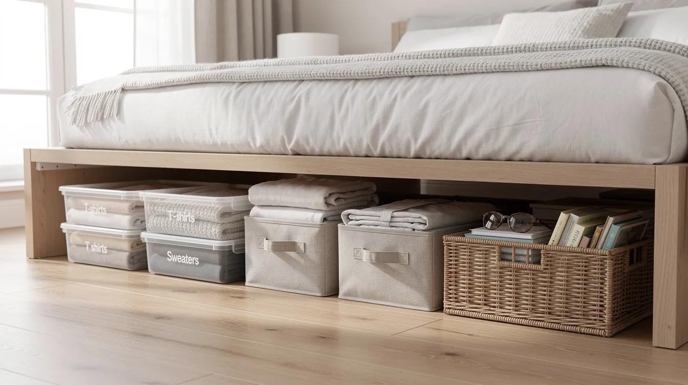 The image showcases a cozy tiny bedroom featuring a murphy bed with bins and baskets neatly stored underneath, maximizing vertical space and providing smart storage solutions for small spaces. This setup not only saves floor space but also enhances the functionality of the sleeping room, making it an ideal solution for tiny homeowners.