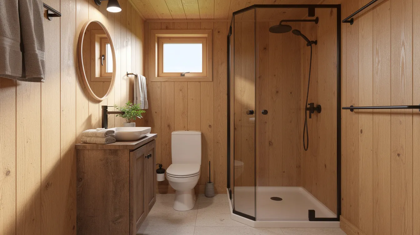 60b58b6d384e4a4c88d2b623c297d516 The image depicts a cozy tiny house bathroom featuring a compact corner shower with a stylish shower curtain surrounded by warm wooden walls A small window allows natural light to fill the space enhancing the inviting atmosphere of this functional tiny house bathroom design