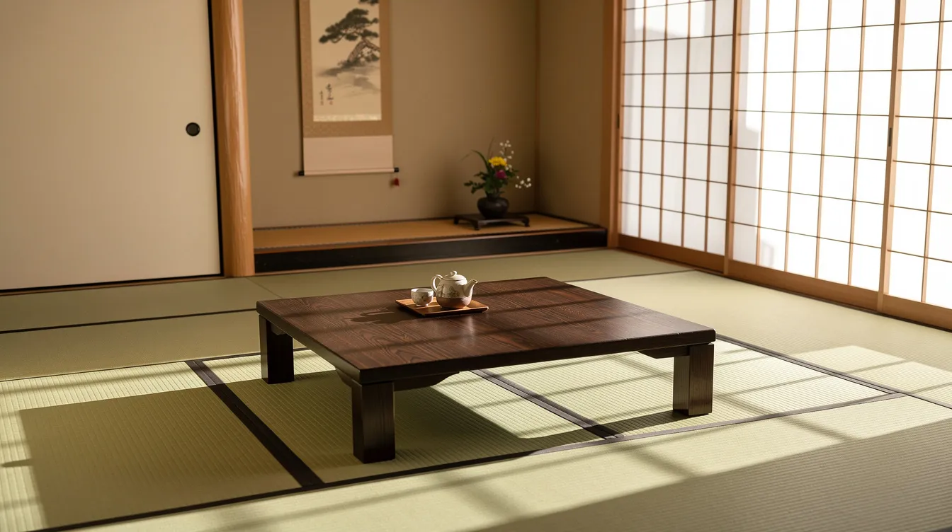 60ce78fe29114b75bf67b8c172ff9018 The image depicts a serene traditional Japanese room featuring tatami flooring made of rush grass with soft natural light filtering through shoji screens A low wooden table is centrally placed creating an inviting space for relaxation and meditation embodying the elegance and simplicity of Japanese culture
