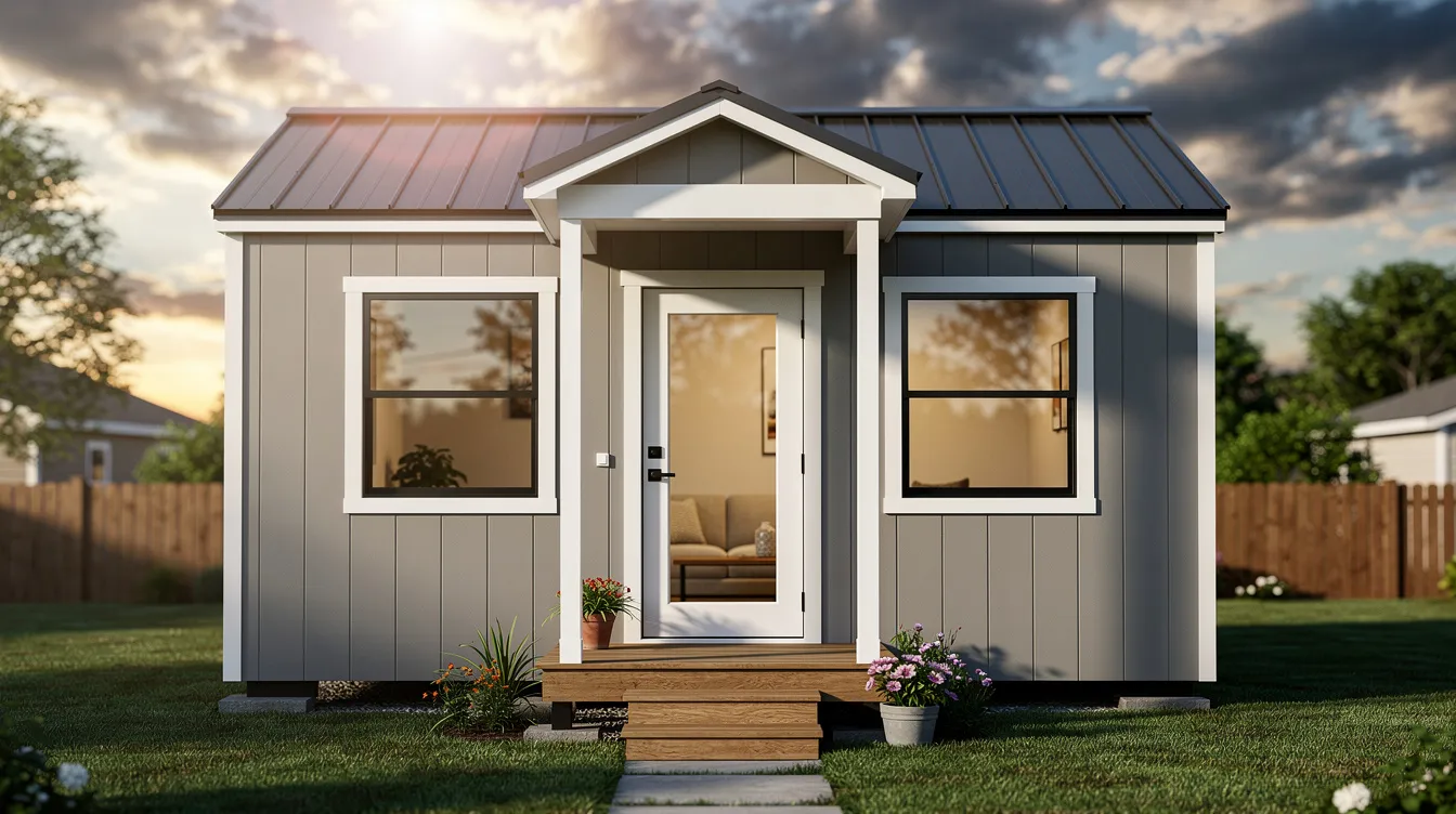 61d9e27de3ac4df4bf1efee6874c8136 The image showcases a Tuff Shed home specifically the Sundance Series TR 1600 featuring a classic manor design with two floors and large windows The HDR photo quality highlights the charming porch and deck creating an inviting atmosphere for this tiny home