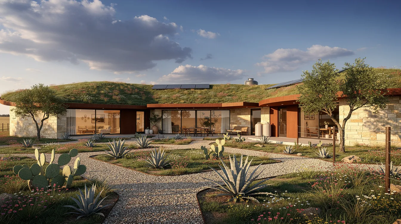 64539a60f2ff41bfb2817d04f53b2c05 The image features a modern earth sheltered home in Texas showcasing a monolithic dome structure partially buried in the ground surrounded by lush grass and trees This energy efficient underground house is designed to maintain a comfortable temperature year round utilizing solar panels and natural light through strategically placed windows