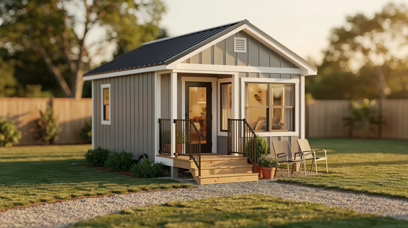 65994f72143d44e29f7f8202192f07bf A Tuff Shed tiny house is displayed showcasing a compact and cozy structure with a painted exterior a porch and large windows that invite natural light This portable building is designed for versatile living offering an efficient use of space making it an ideal option for those interested in tiny home living or seeking a storage shed solution