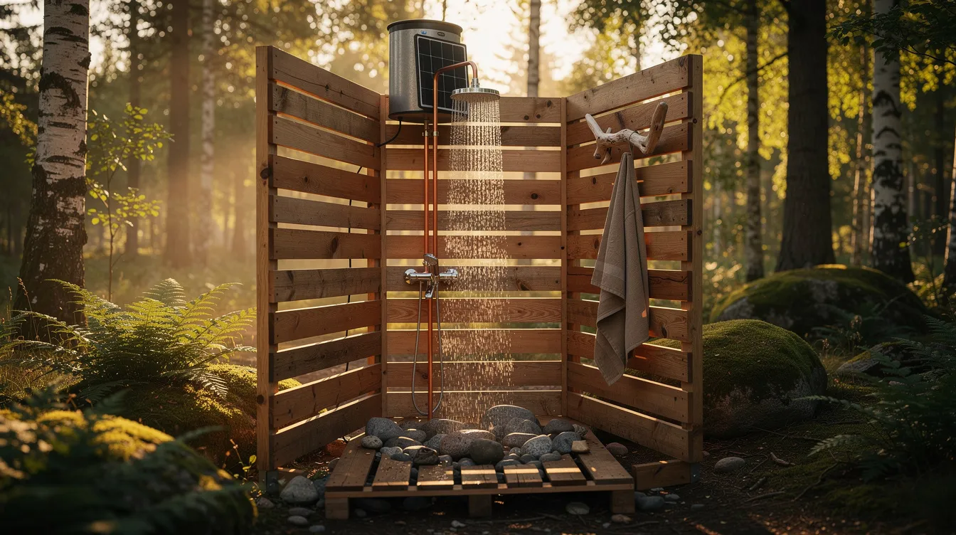 65a2835eb22f4533bf7fbee8074b1849 The image depicts an off the grid outdoor shower stall made of wood featuring a shower curtain for privacy and a hand pump to create water pressure Sunlight filters through the trees creating a serene atmosphere perfect for enjoying refreshing cold or hot showers in nature