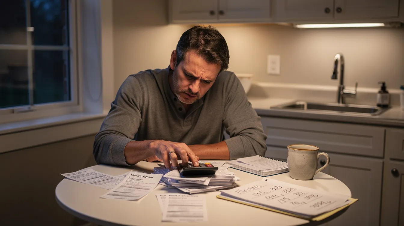 66eebbd0a6dc4ced9429702d3b28896d A person is seated at a kitchen table intently reviewing utility bills and using a calculator to manage expenses related to electric and gas services This scene reflects the importance of understanding utility charges and the billing process for residents in mobile home parks