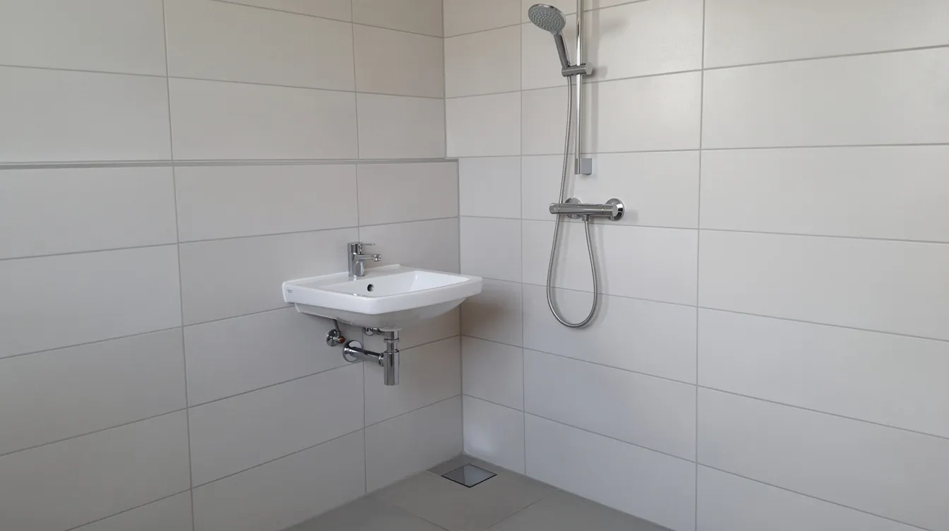 69011174bbd2473788193a706ce5713f The image depicts a tiny house bathroom featuring a small wall hung corner sink and a handheld shower head mounted on a tiled wall showcasing the efficient use of space in this compact wet bathroom Natural light filters in enhancing the overall design of this small shower space