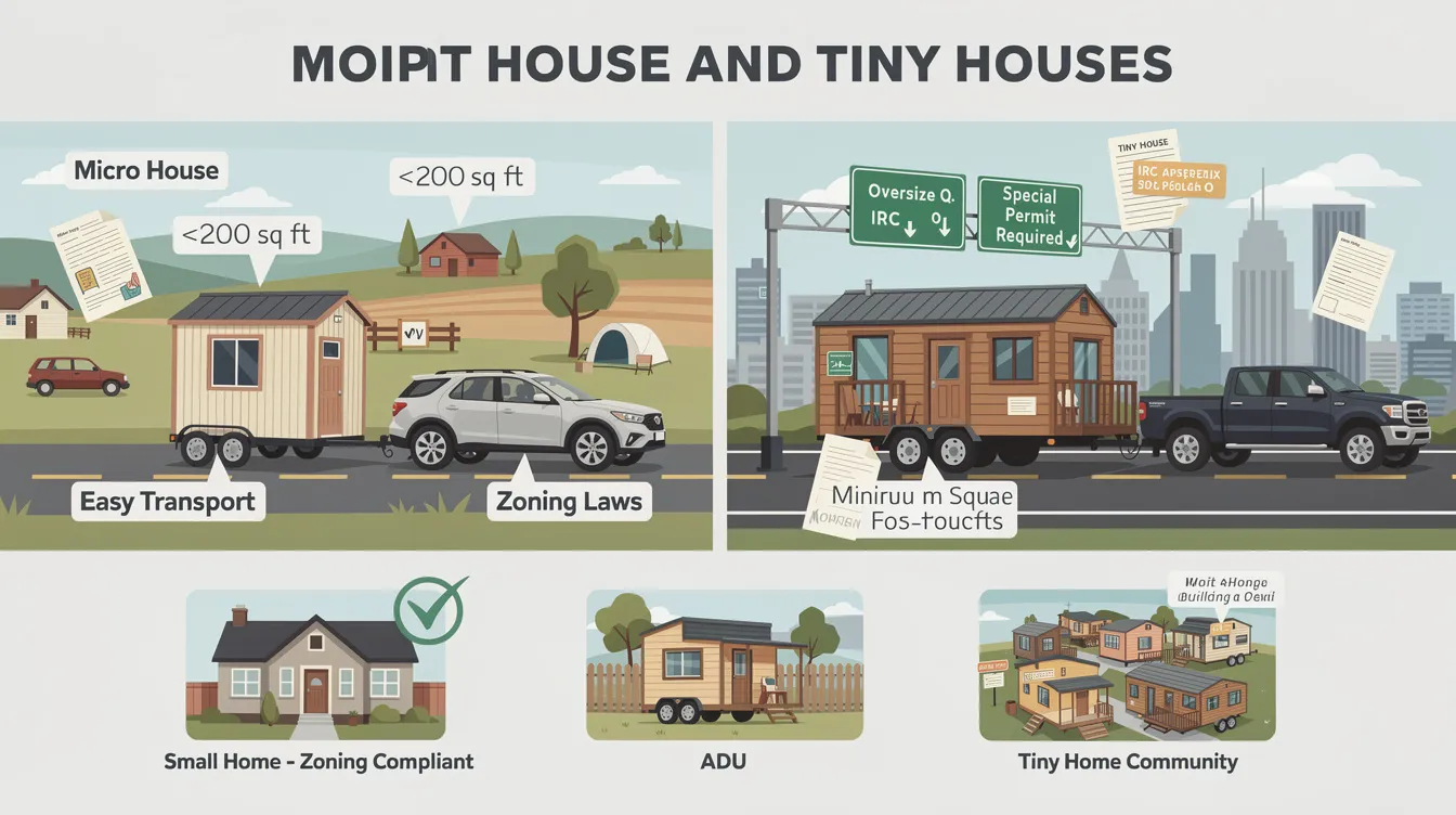 694f4d2ba5e44fa19fd30d4a83d88201 The image depicts a comparison between micro houses and tiny houses highlighting their mobility and placement options Micro houses are shown as more portable and easier to relocate due to their compact size while tiny houses especially those on wheels face more complex zoning regulations and legal hurdles for placement as primary residences