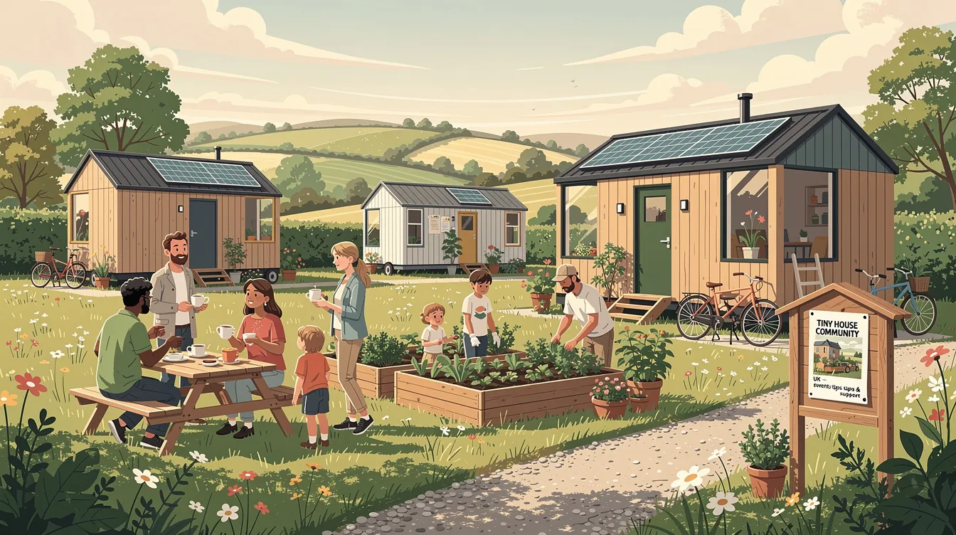The image depicts a vibrant tiny house community in the UK, showcasing a collection of stylish tiny homes surrounded by lush greenery, emphasizing sustainable living and a minimalist lifestyle. The scene captures the essence of modern living, where residents enjoy the freedom and connection that comes from sharing their compact homes and values with like-minded individuals.