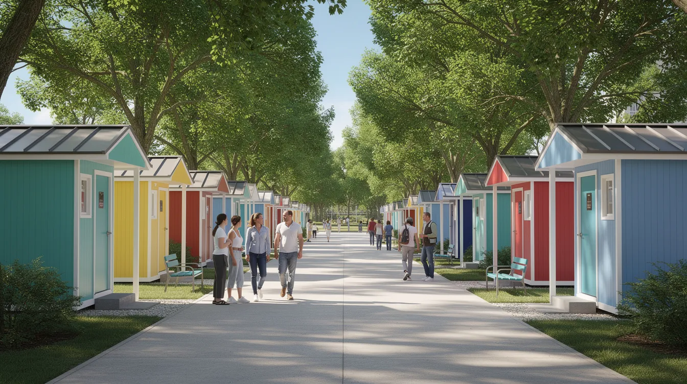 6b7b3250ed5247cc9c73b2c16cb89bbe The image depicts rows of brightly painted tiny home units nestled under mature shade trees with people strolling along a clean paved pathway in the Alexandria Park tiny home village This vibrant community serves as a permanent housing solution providing stable shelter for individuals experiencing homelessness