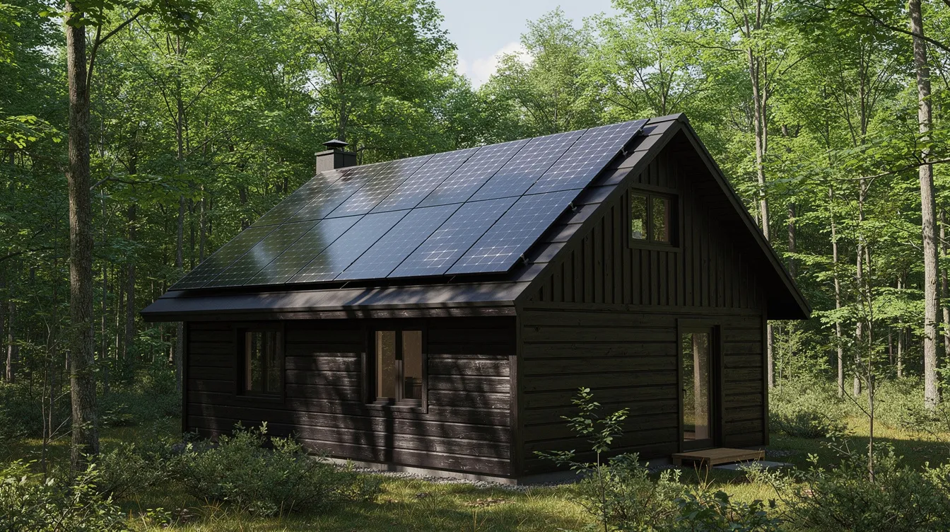 6b7b872909744b3aa01264dd83a965d8 The image shows a small wooden cabin with solar panels mounted on its roof nestled among lush green trees This setup represents a sustainable living solution harnessing solar power for off grid energy needs