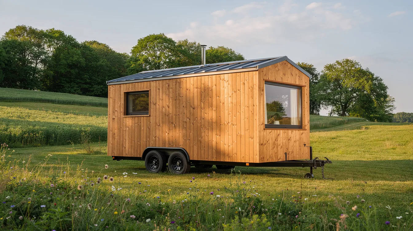 6b872501ed9b4fe3abc0940c47cbcb05 A small wooden tiny house on a trailer is parked in a lush green rural setting surrounded by trees in the background This scene reflects the essence of tiny house living showcasing a cost effective and space efficient lifestyle in nature