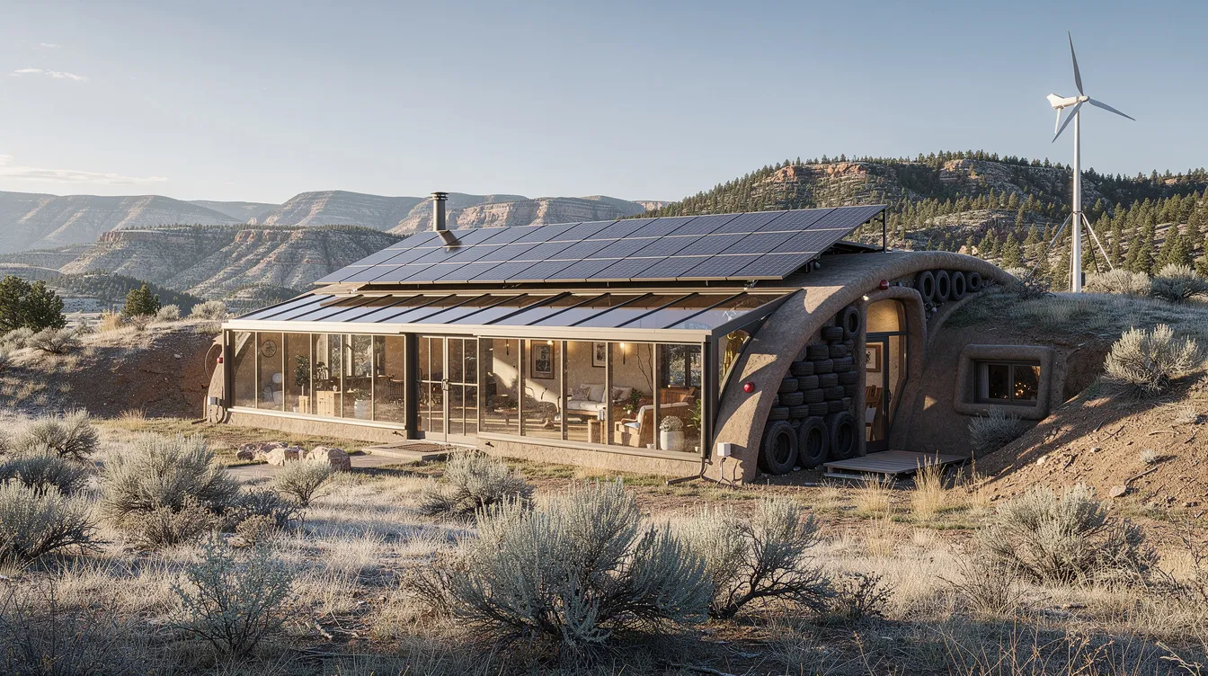 6ba7068b46bb429c9f064f4b0e46f93e The image depicts an earthship in Utah showcasing its unique architecture designed by Michael Reynolds featuring large south facing windows for passive solar energy capture and walls made from recycled tires for thermal mass Surrounded by a natural landscape the earthship exemplifies self sufficient living with solar panels and natural ventilation systems creating a harmonious blend of sustainability and comfort