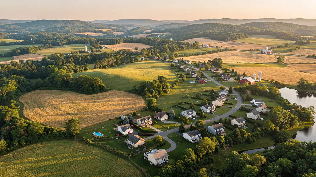 6c480d8cd8224b4cad471596eef80d86 An aerial view of the Connecticut countryside reveals a picturesque blend of suburban neighborhoods and rural farmland characterized by rolling hills and green fields This landscape showcases the potential for tiny home communities highlighting the need for local zoning laws and building permits to accommodate the growing tiny home movement amidst rising housing costs