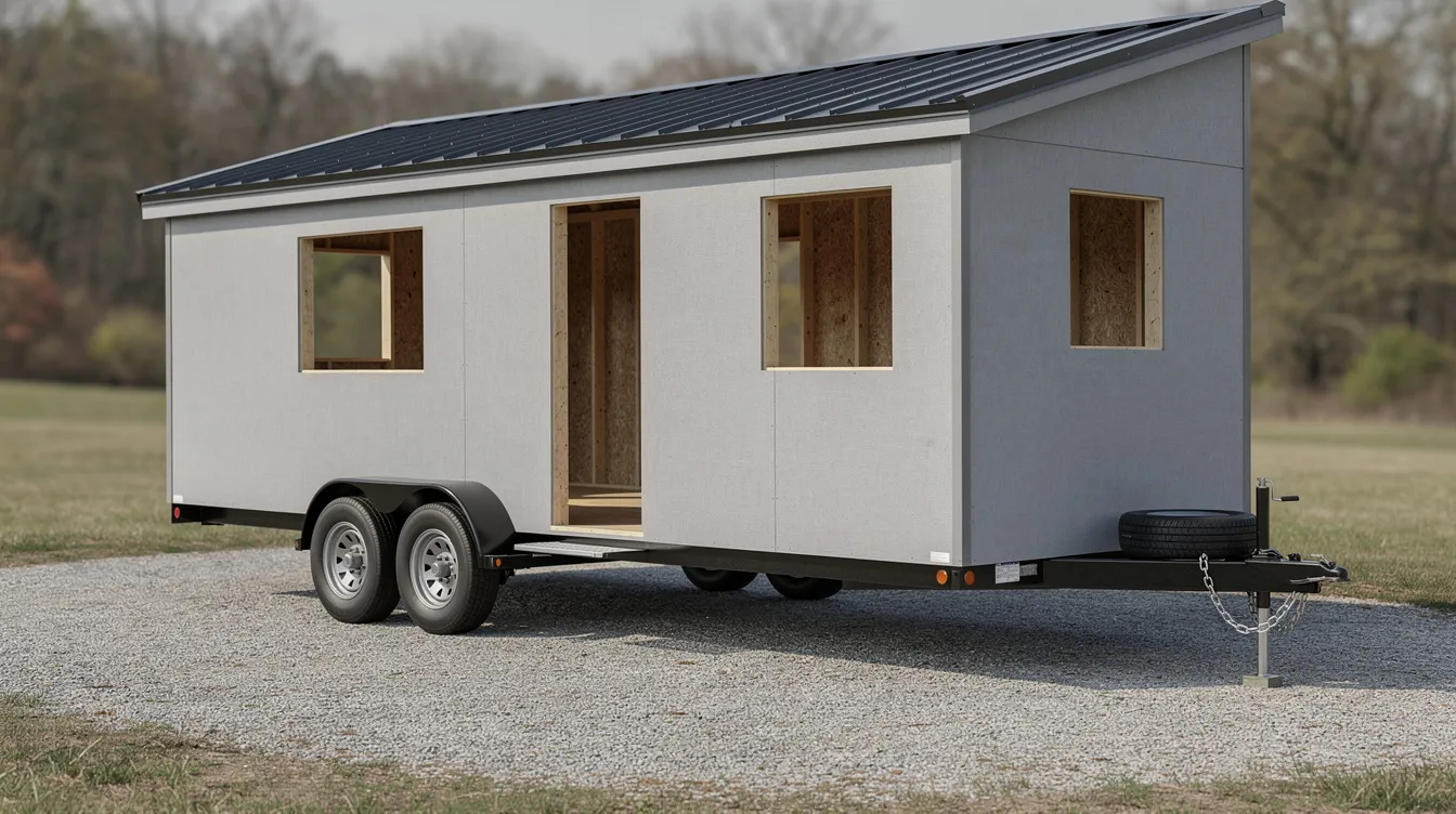 6c5c9aa41d2749b696d1034e0804f1c4 The image shows a tiny house shell on a trailer featuring a basic frame and exterior siding ready for customization This tiny home is designed for easy transport highlighting the fun part of planning and building your own unique living space