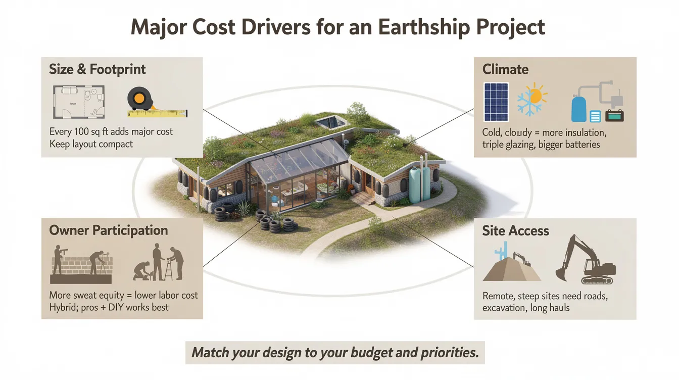 6d6d9c2a943a47fda569ddc748df2904 The image depicts a detailed infographic outlining the major cost drivers for an earthship project including factors such as size and footprint climate considerations systems complexity site access and owner participation It emphasizes the importance of understanding these elements early in the planning process to manage earthship construction costs effectively and achieve sustainable living goals