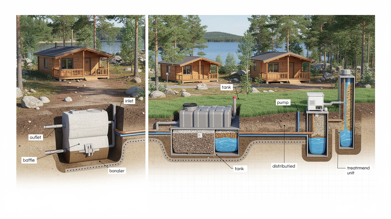 6da193ae9d9a4206ba4653d52d8165f3 The image depicts a small septic system designed for cabins showcasing components such as a septic tank sewer pipe and a drain field This efficient system is essential for managing wastewater including liquid waste from sinks and toilets in a private setting