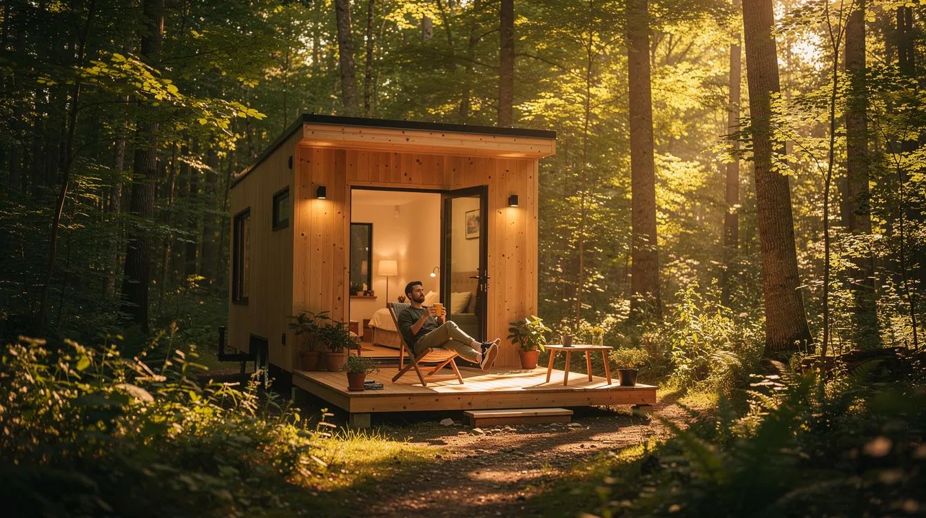 A person is comfortably seated on a small deck outside their tiny home surrounded by lush trees in a serene wooded setting This scene exemplifies tiny house living showcasing the peaceful lifestyle offered by tiny home communities in Connecticut