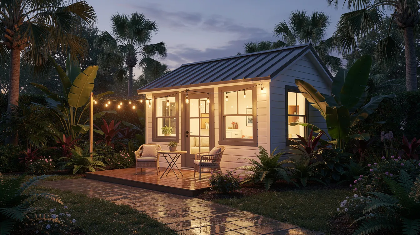 6f1dfaeb6fc34ed79f430c43e6f9ec0c A cozy tiny cottage adorned with string lights is nestled on a patio surrounded by vibrant tropical plants in a Florida backyard ideal for family gatherings or guests This charming property showcases the appeal of affordable housing options in the St Pete tiny homes community perfect for individuals seeking a serene escape in Pinellas County