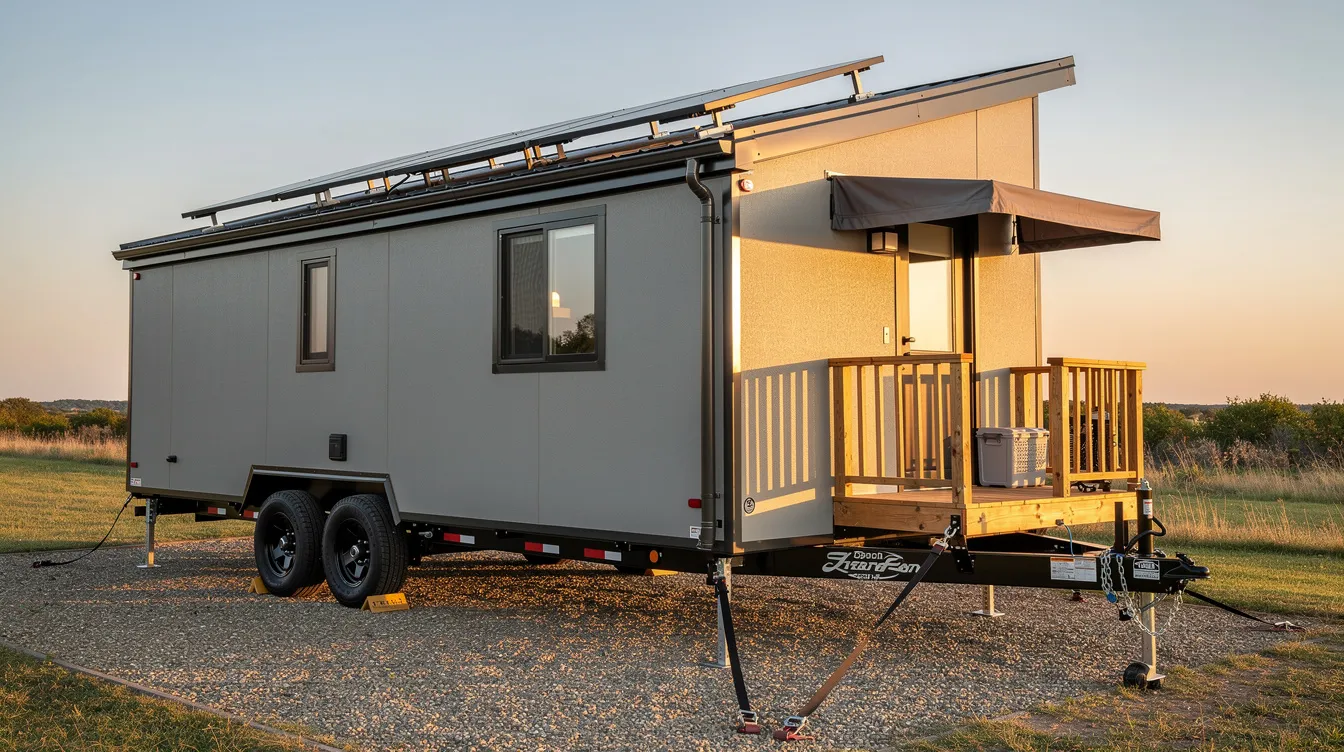 6fd5997bfe2c4556ac2659198ac943f8 The image showcases a custom built trailer designed for a mobile tiny home featuring essential exterior hardware and accessories such as stabilizer jacks hitches and solar panel mounts This setup highlights the importance of weight capacity and road safety in tiny living creating a secure foundation for a cozy lifestyle